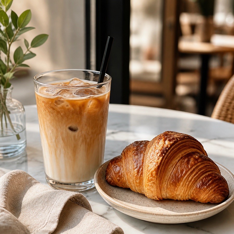 AI-generated cafe social media photo with an iced latte and croissant on a marble table