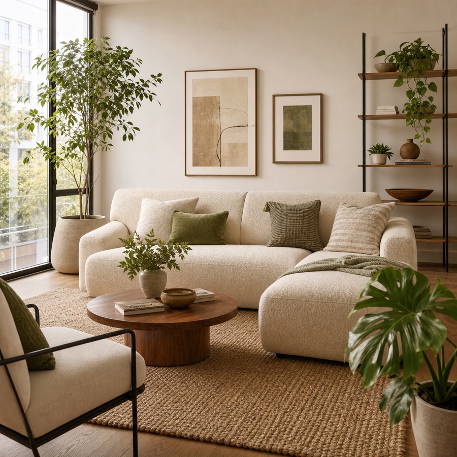AI-generated modern living room interior with a beige sofa and green plants