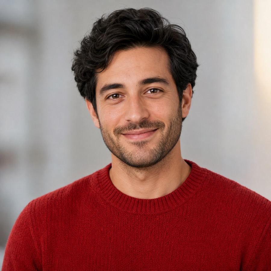 AI-generated professional profile portrait of a friendly person in a red sweater