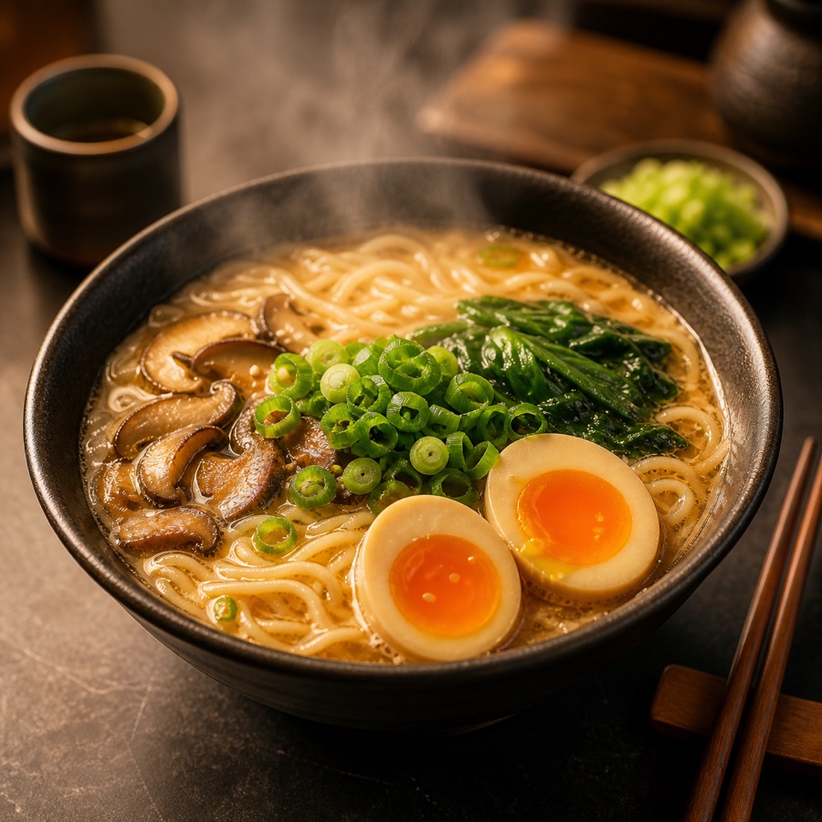 AI-generated restaurant menu photo of a ramen bowl with egg and vegetables