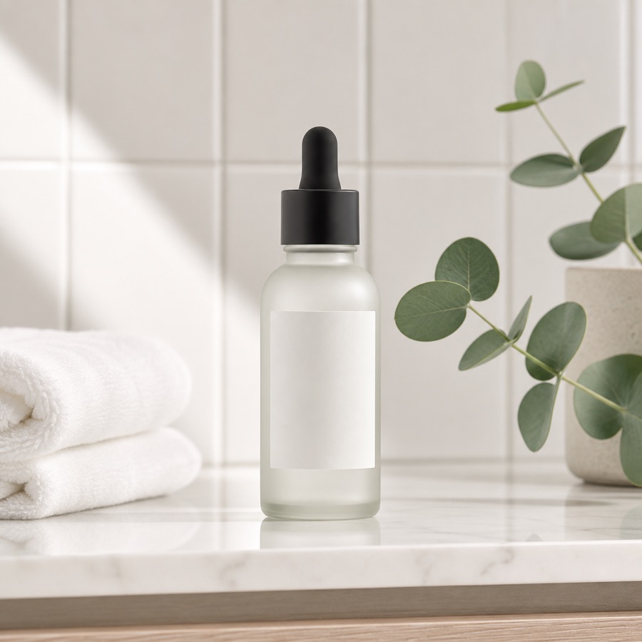 AI-generated product photo of an unbranded skincare serum bottle on a clean bathroom shelf