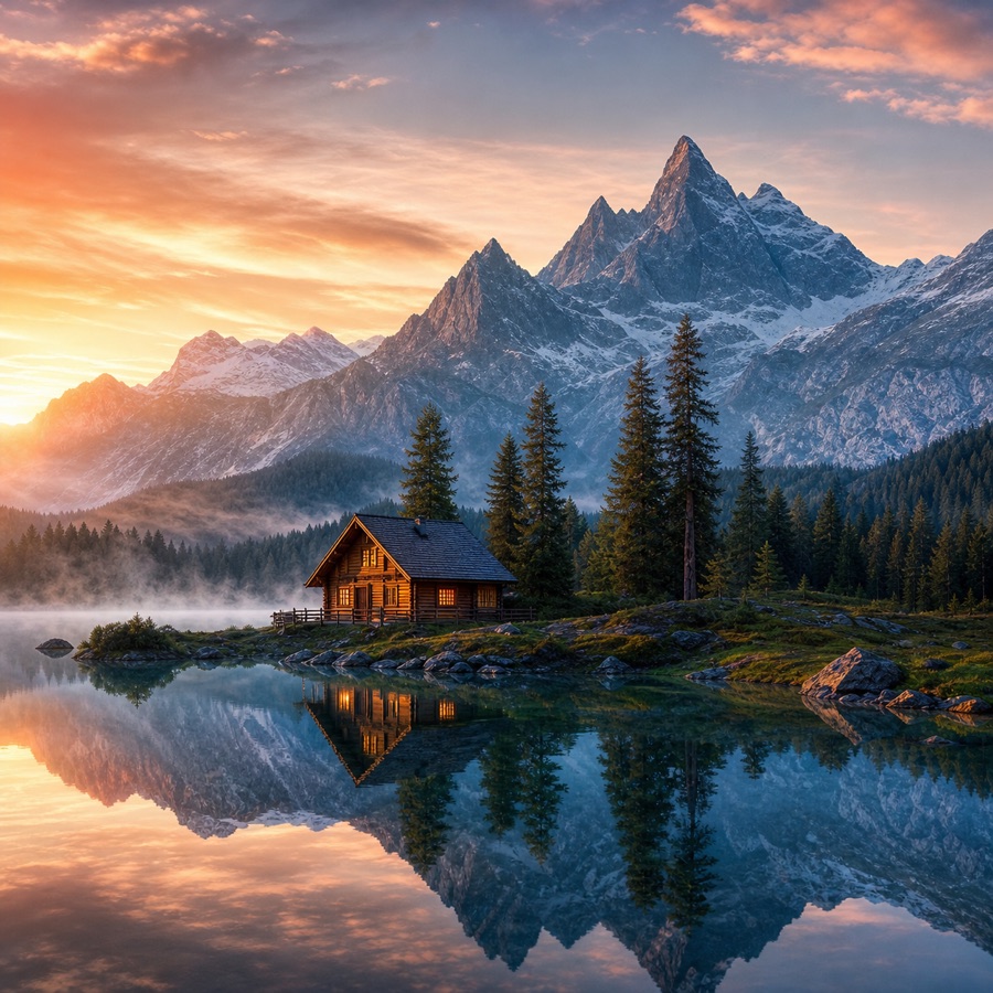 AI-generated travel wallpaper of a lakeside cabin at sunrise with mountains