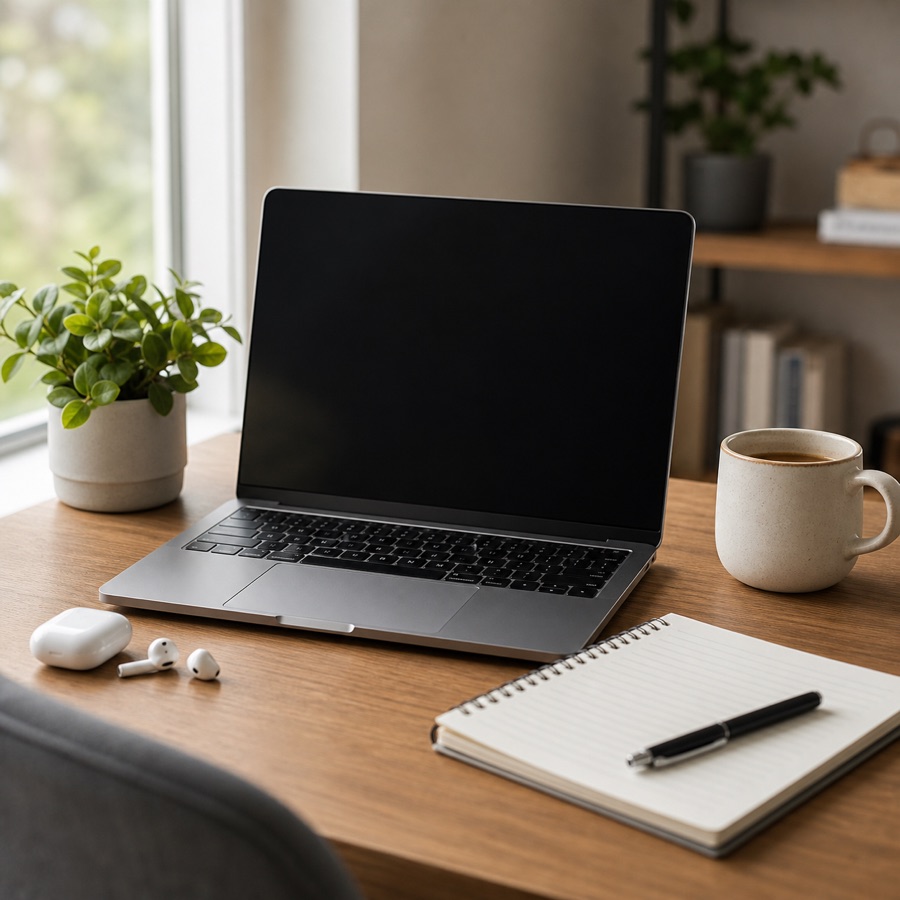 AI-generated remote-work desk photo with a laptop, notebook, mug and plant